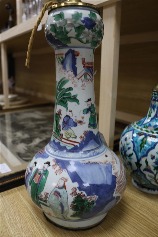 A Chinese wucai garlic-mouthed vase, late 17th century, restored, hole to base and an Isnik style baluster vase, possibly Kutahya (both